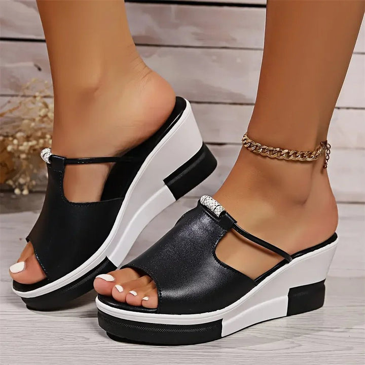 Women's rhinestone wedge platform slide sandals with open toe, perfect for summer casual fashion.