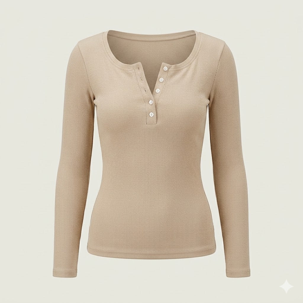 Soft ribbed women's long sleeve top with full button front. Perfect for spring & fall, offering comfortable stretch.