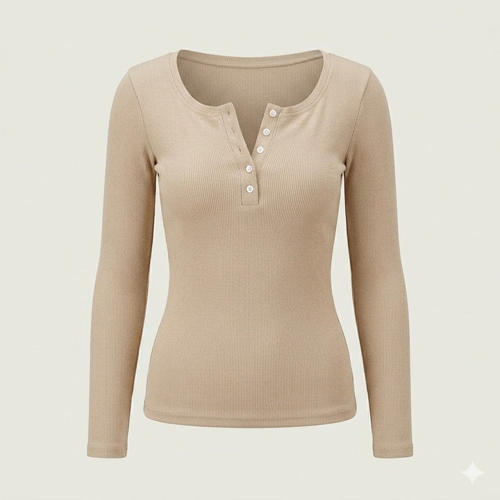 Soft ribbed women's long sleeve top with full button front. Perfect for spring & fall, offering comfortable stretch.