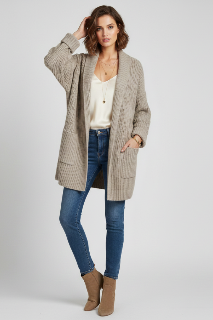 Comfortable knit ribbed V-neck cardigan for women, long sleeve open front design, ideal for winter style.
