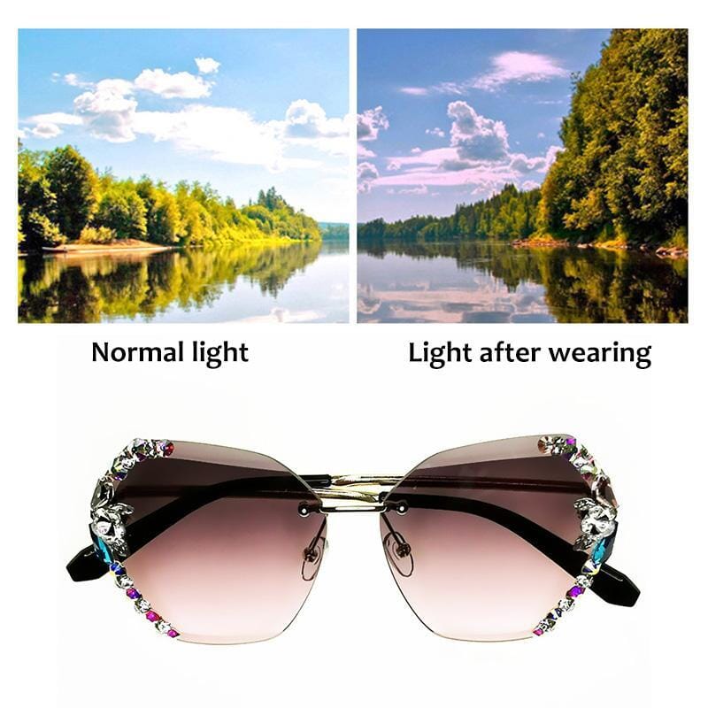 Vintage-inspired rimless sunglasses for women, featuring anti-reflective lenses