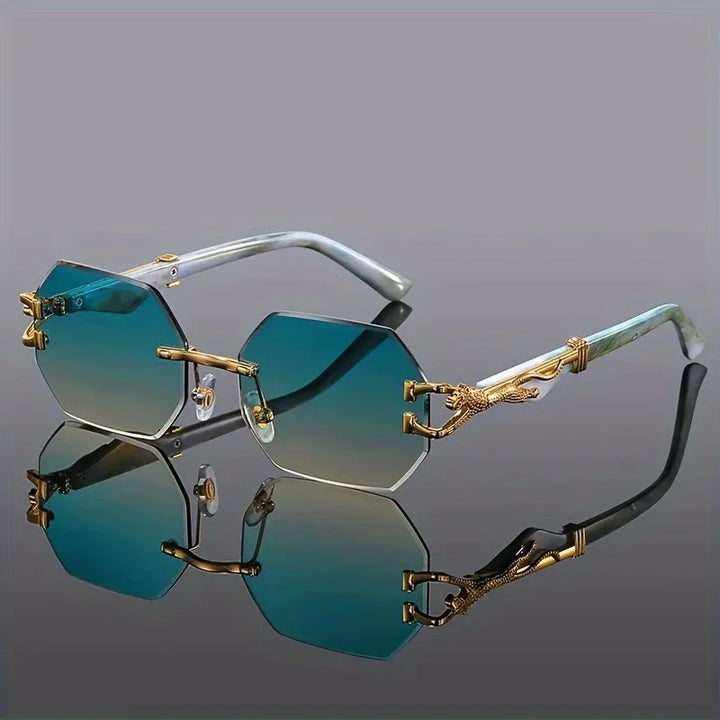 Luxury women's rimless geometric sunglasses featuring a striking gold panther, perfect for a chic look.