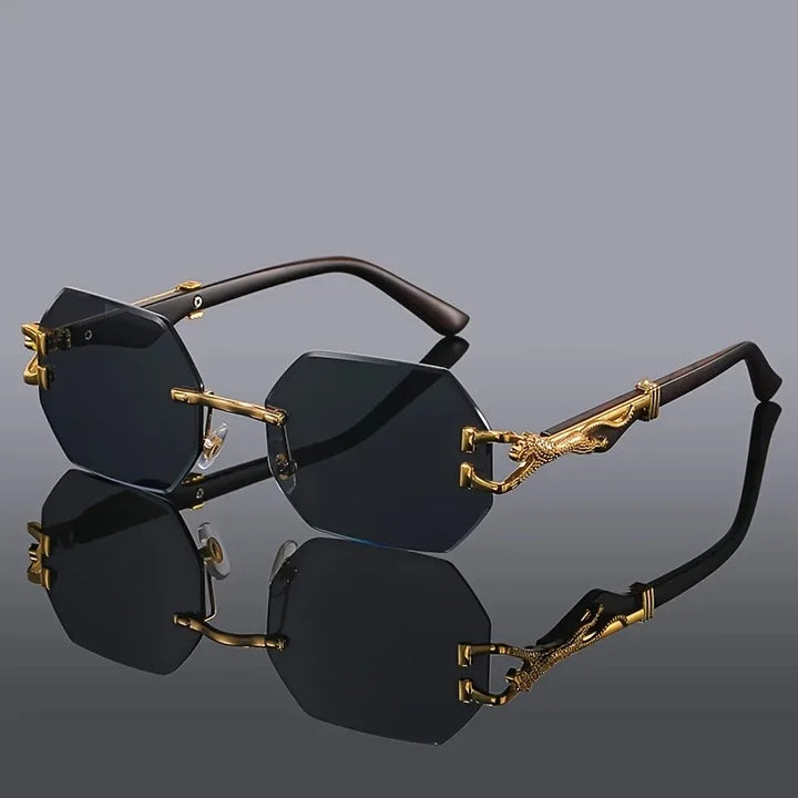 Rimless geometric women's sunglasses with sculptural gold panther. Fashionable & offers UV protection.