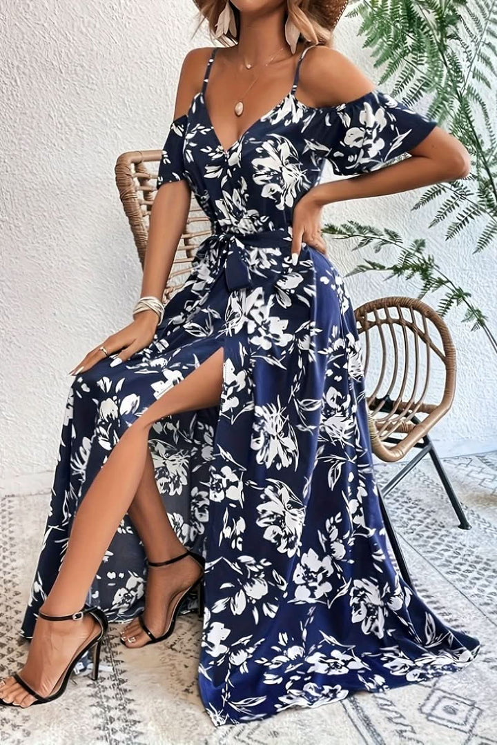 Women's romantic cold shoulder maxi dress, elegant and flowy, perfect for summer occasions and parties.