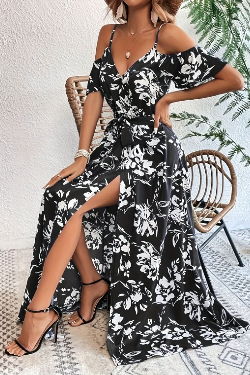 Flowy long women's cold shoulder dress, romantic style, comfortable for elegant summer evening wear.