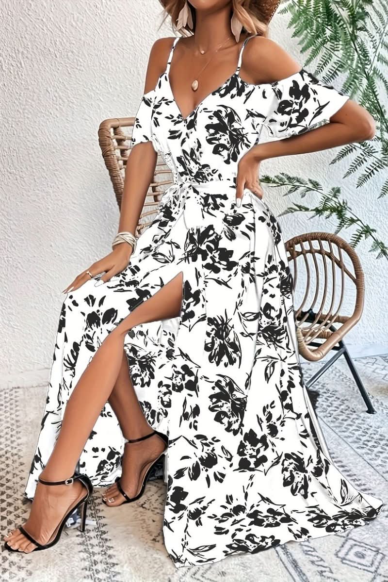 Stylish women's cold shoulder maxi dress with romantic silhouette, ideal for elegant occasions & parties.
