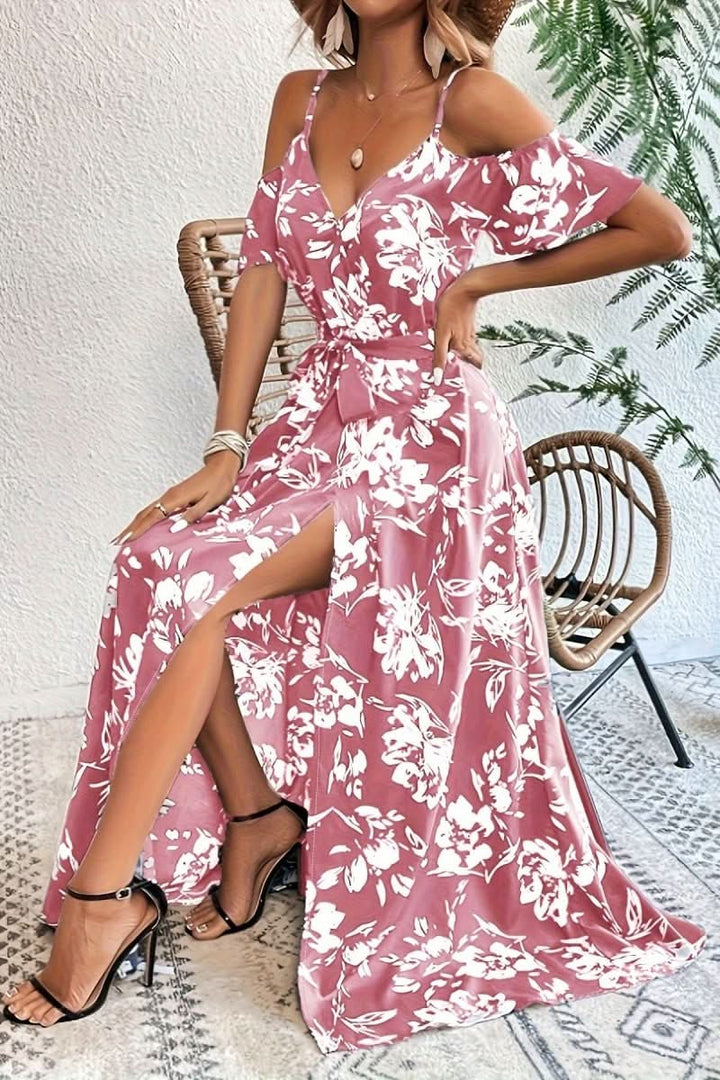 Graceful women's elegant maxi dress featuring cold shoulder design, perfect for special occasion style.