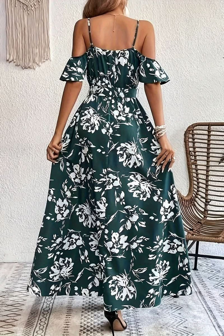 Lightweight women's romantic cold shoulder maxi dress, great for summer parties, vacation, or beach evenings.