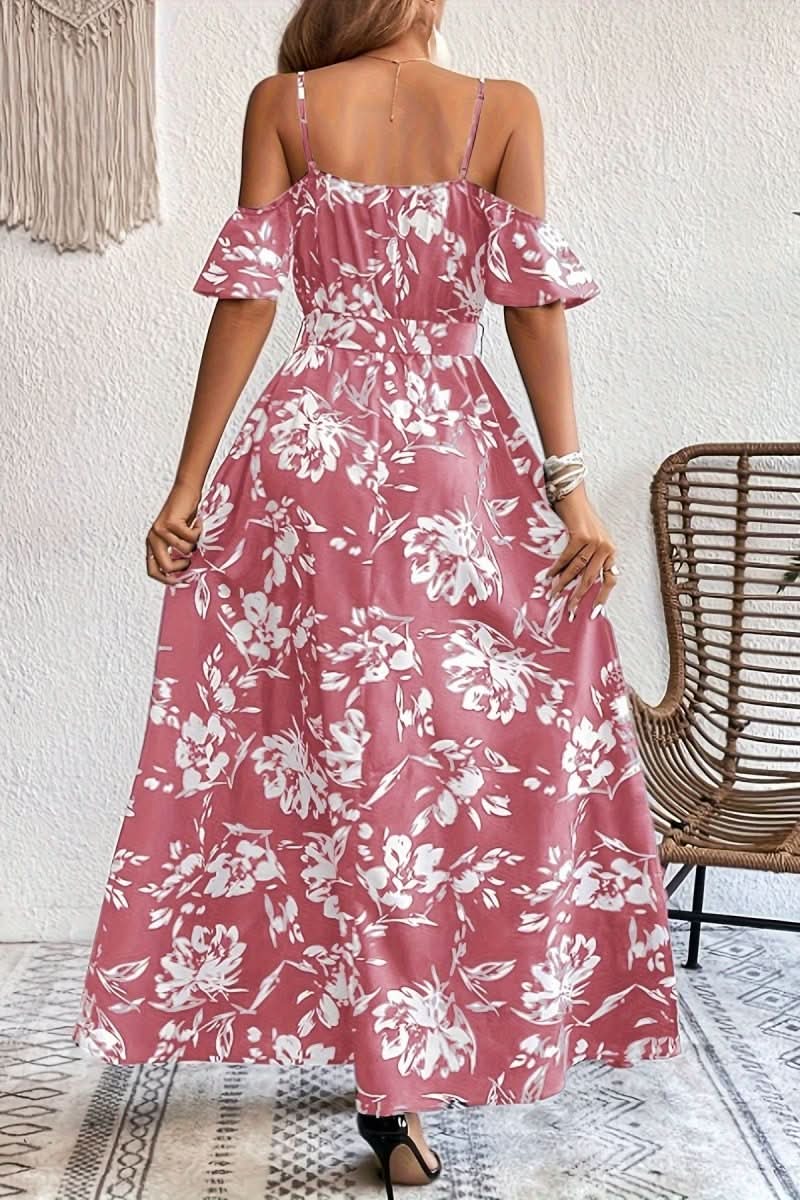 Women's stylish cold shoulder maxi dress, romantic and flowy, perfect for elegant summer and evening events.