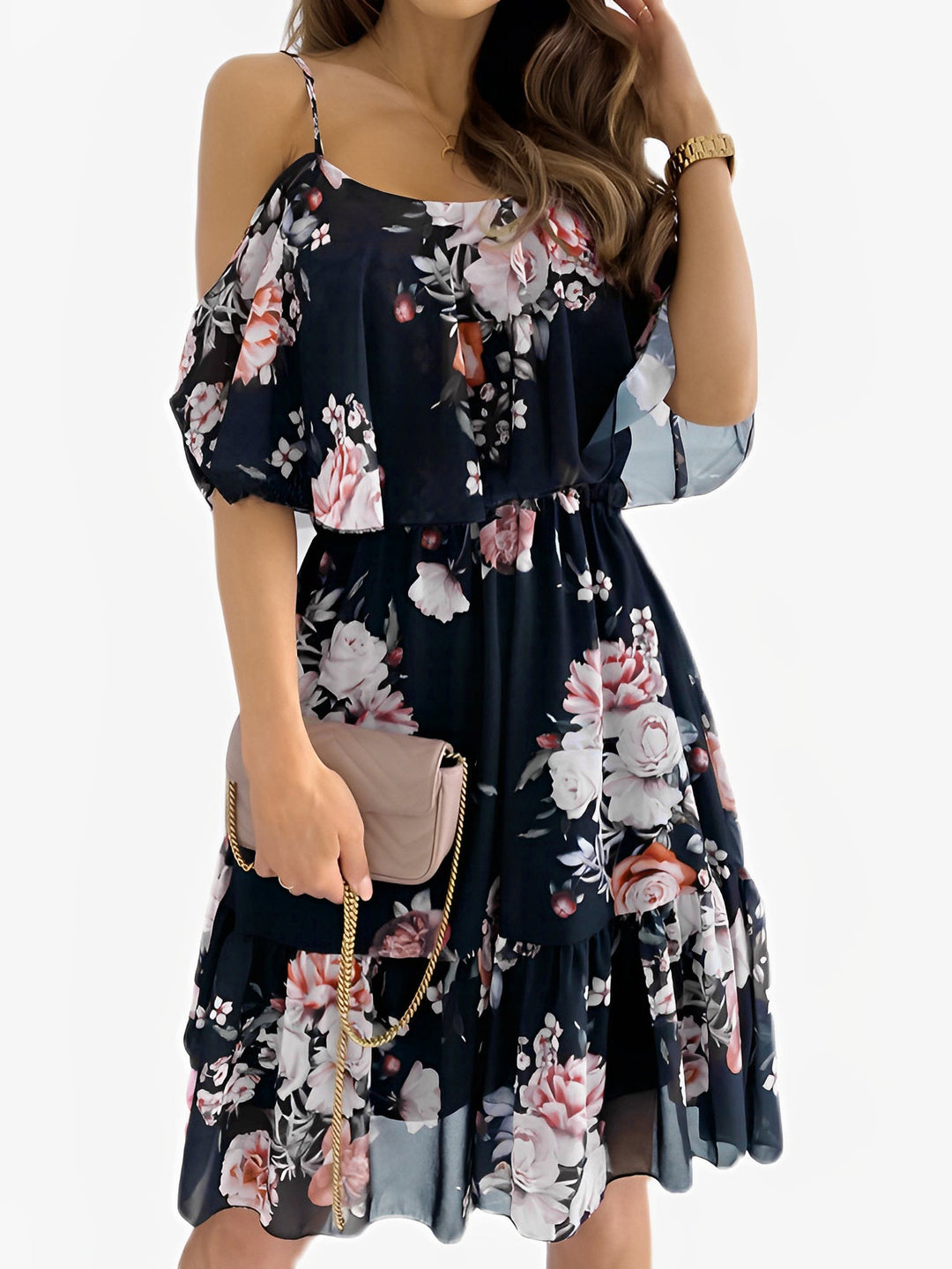 Graceful women's flowy floral cold shoulder mini dress, featuring romantic print and a comfortable fit.