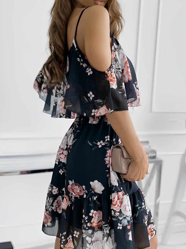 Romantic short floral mini dress for women with cold shoulders and playful ruffles, a summer wardrobe essential.