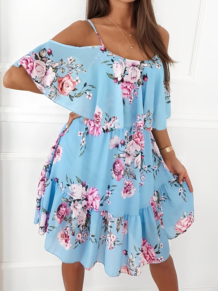 Stunning women's floral cold shoulder mini dress with ruffles, an elegant choice for parties & events.
