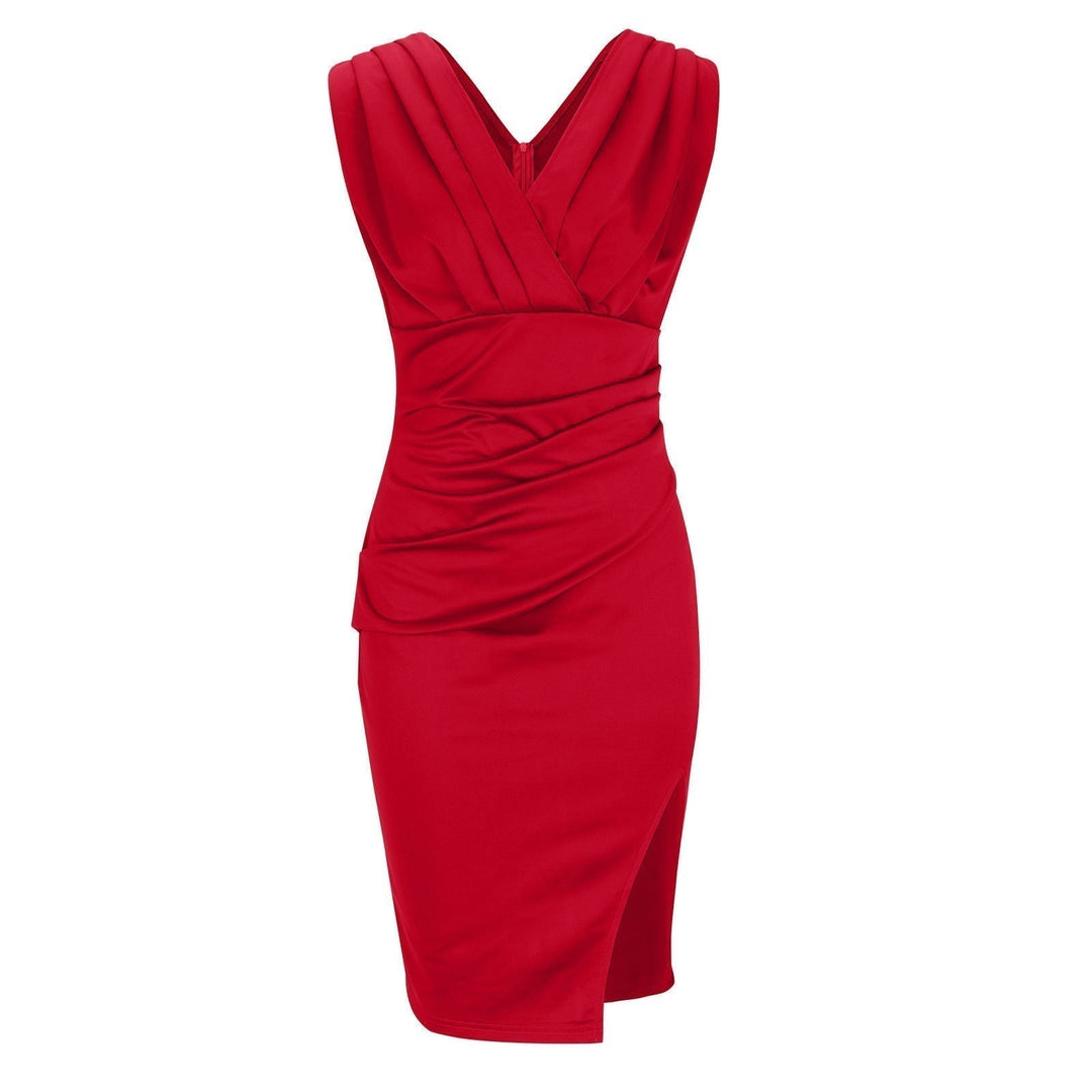 Chic Women's Rosalina Sleeveless V-Neck Bodycon Midi Dress. Great for formal events, cocktails, and date nights.
