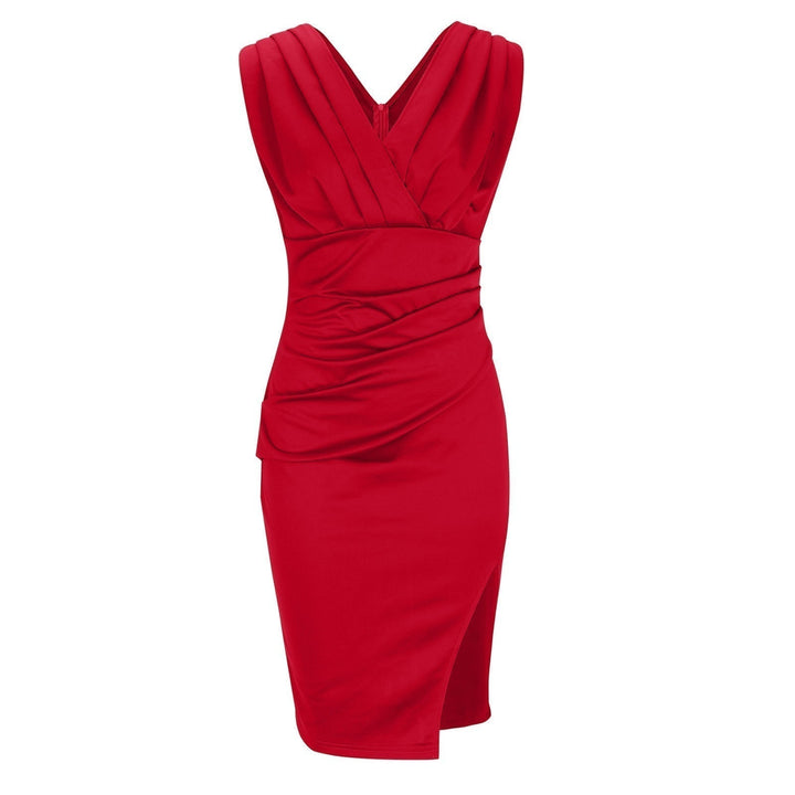 Chic Women's Rosalina Sleeveless V-Neck Bodycon Midi Dress. Great for formal events, cocktails, and date nights.