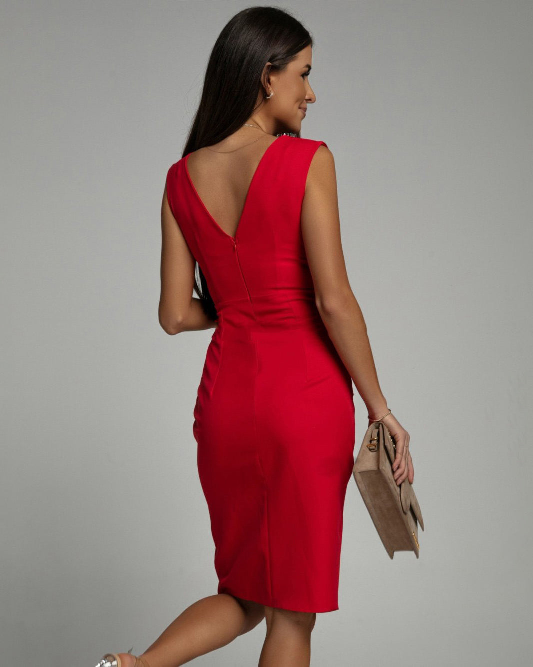 Stylish Women's Rosalina Bodycon Midi Dress with a chic sleeveless V-neck, ideal for evening wear.