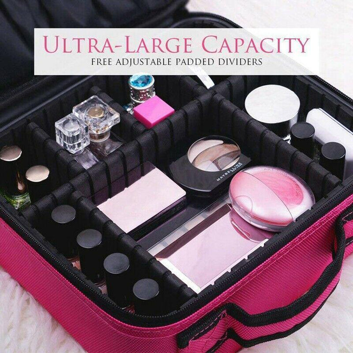 Women's rose red portable cosmetic organizer bag, ideal for travel, with adjustable dividers.