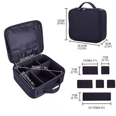Black travel cosmetic storage bag for women, with smart design for organized beauty accessories.
