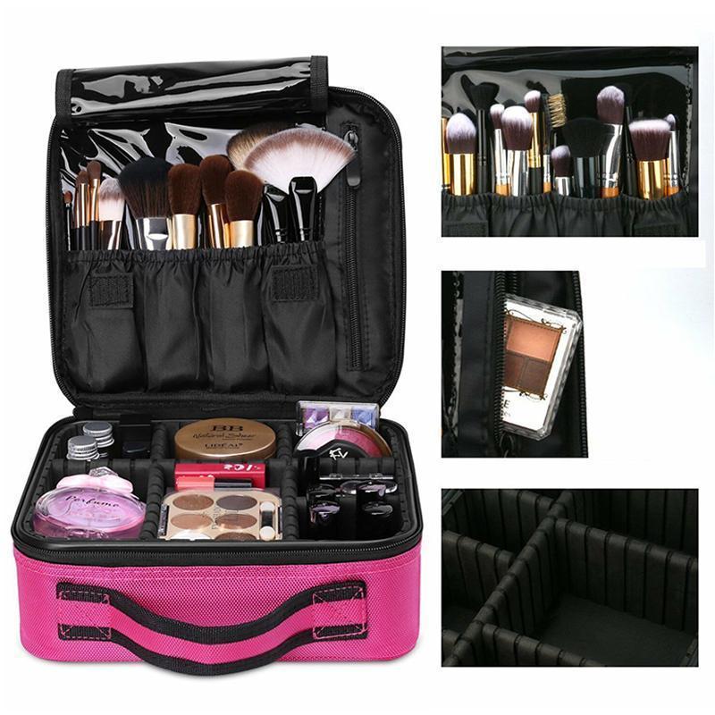 Black travel makeup case for women, waterproof and portable with multiple compartments.