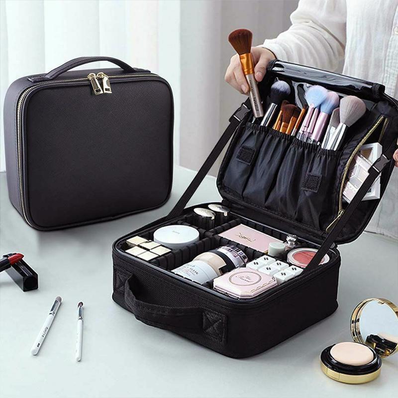 Rose red travel organizer for cosmetics, featuring adjustable dividers for customized storage.