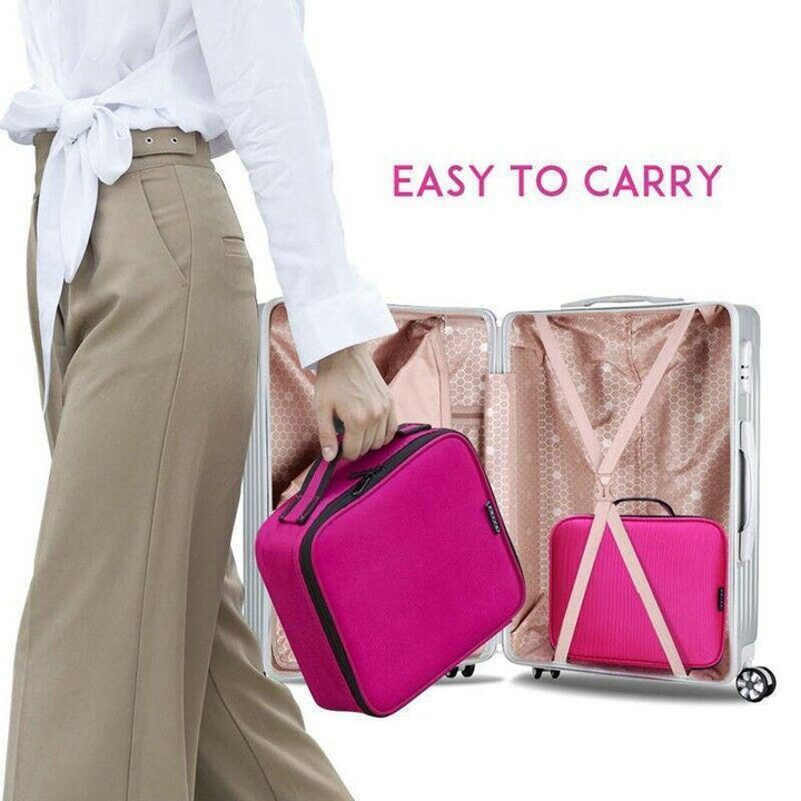 Compact women's black cosmetic bag, designed for easy travel and efficient makeup organization.
