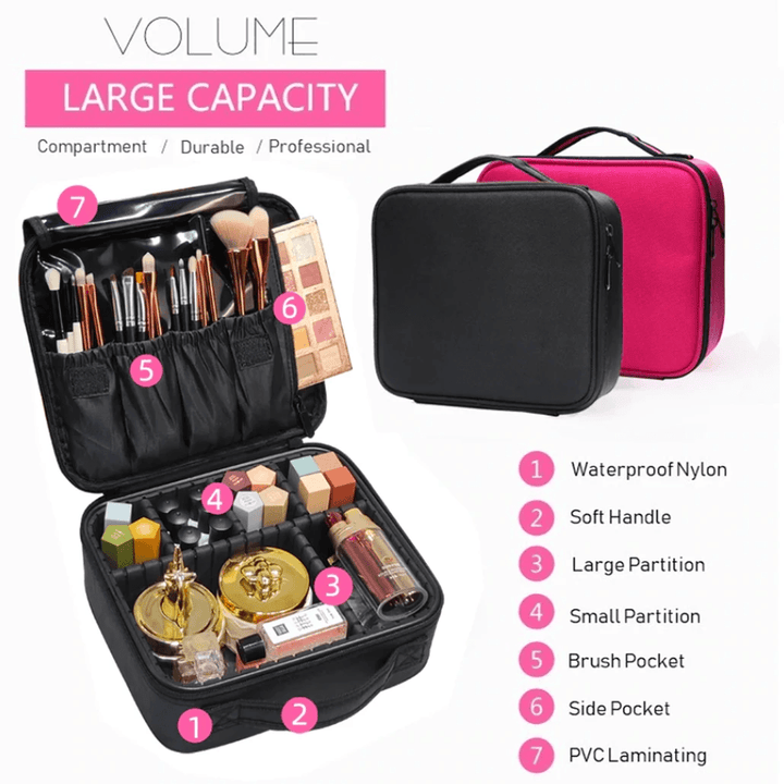 Durable women's travel makeup case in black, offering flexible storage for beauty essentials.