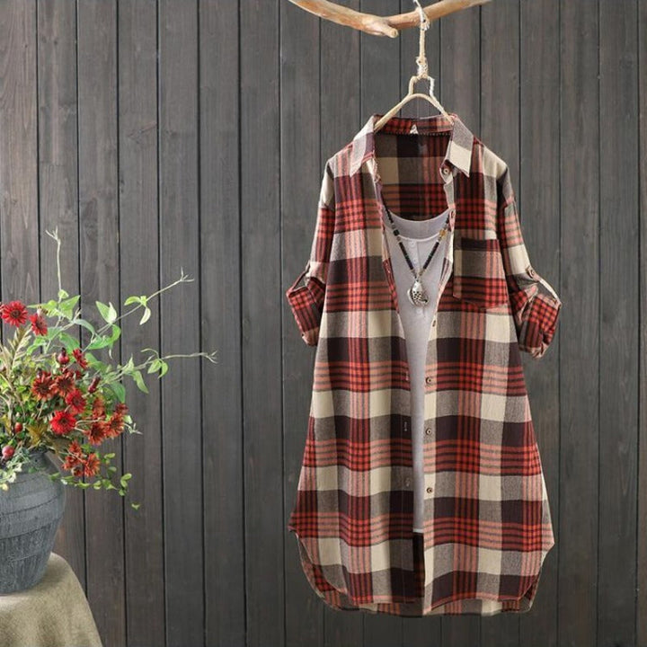Oversized Rowen women's checked long shirt, loose fit for ultimate comfort and casual autumn style.