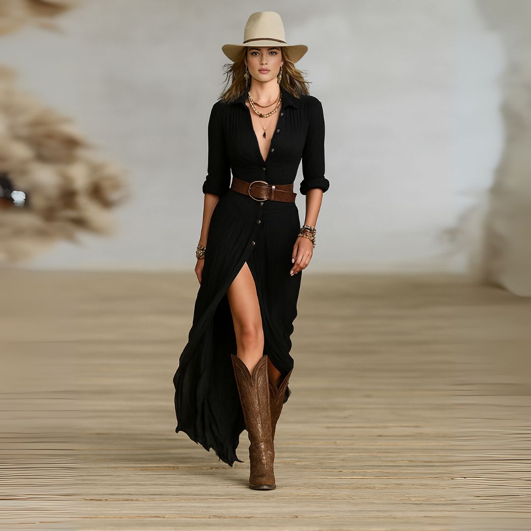 Chic bohemian style long sleeve maxi dress with ruched details & button-down front, versatile for women's fashion.