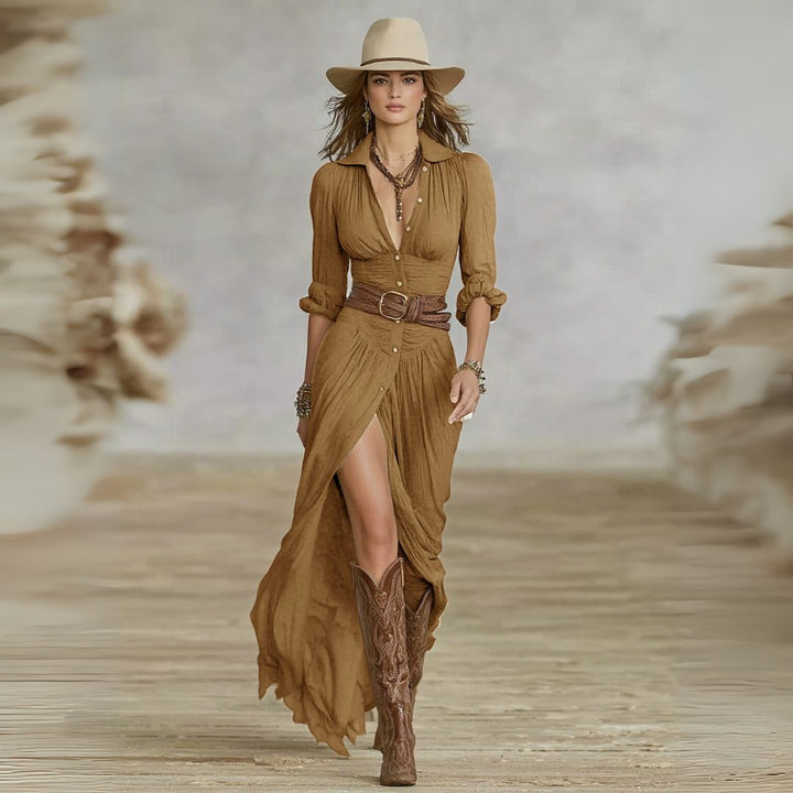 Flowy women's maxi dress featuring long sleeves, ruched bodice, & button-down front, embodying boho elegance.