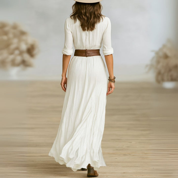 Elegant women's ruched button-down long sleeve maxi dress, a versatile piece for any bohemian style wardrobe.