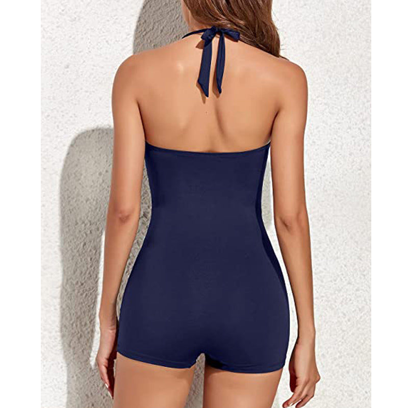 Comfortable women's halter one-piece swimsuit with ruched details, flattering boyleg, and sweetheart design.