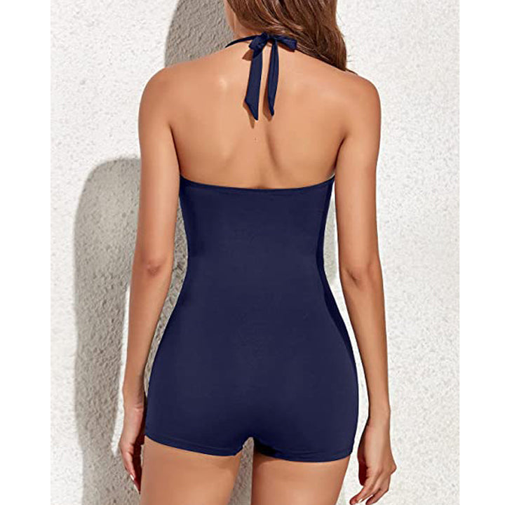 Comfortable women's halter one-piece swimsuit with ruched details, flattering boyleg, and sweetheart design.