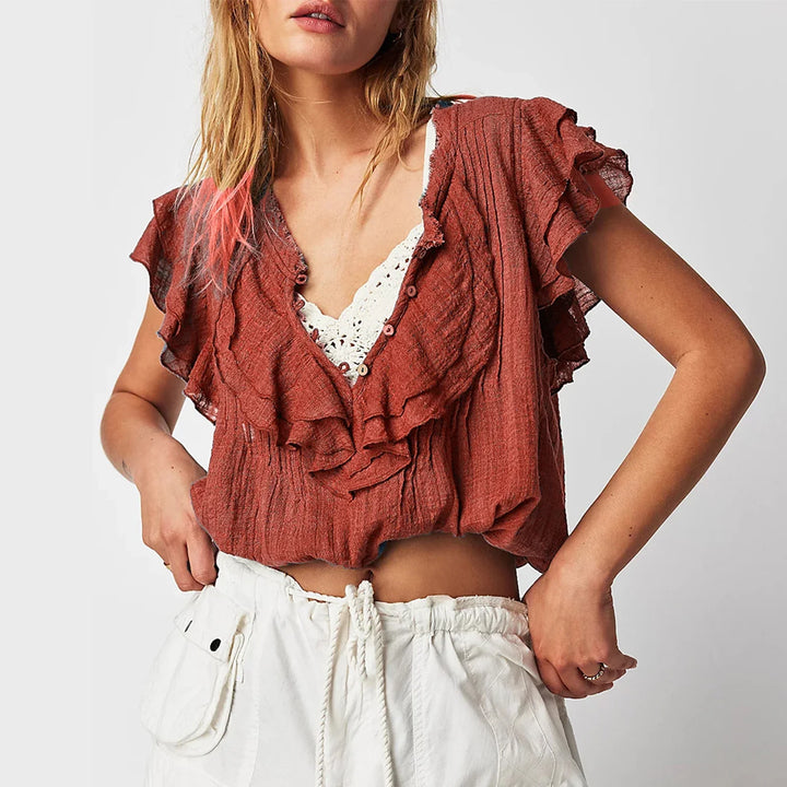 Women's Ruffle Crop Top, effortless style for summer & beach outfits. Lightweight and chic casual wear.