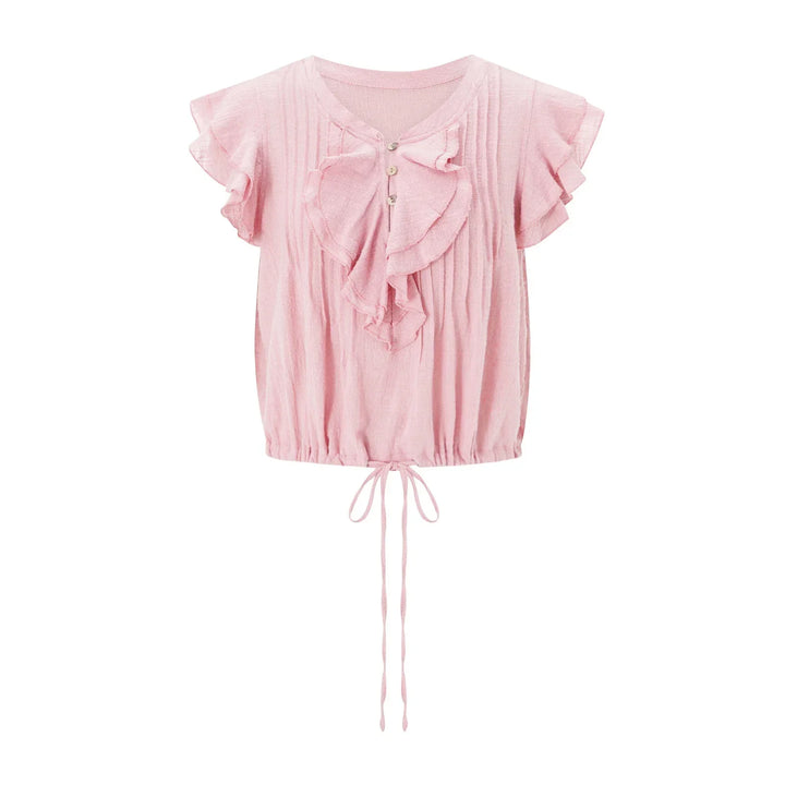 Fashionable women's crop top with ruffles and flutter sleeves, ideal for stylish summer beachwear.