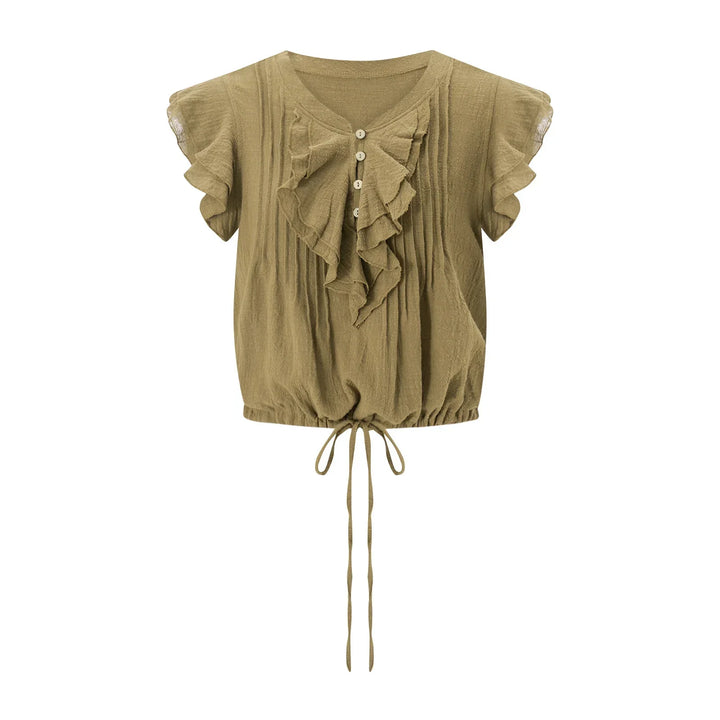 Effortless women's ruffle crop top in a bright summer color, perfect for beach trips & casual style.