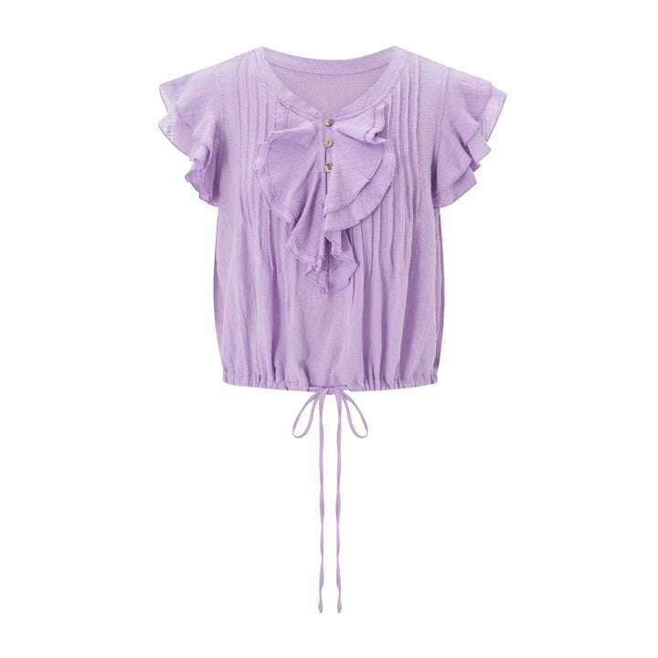Comfortable women's ruffle crop top, designed for easy summer fashion and versatile beach outfits.