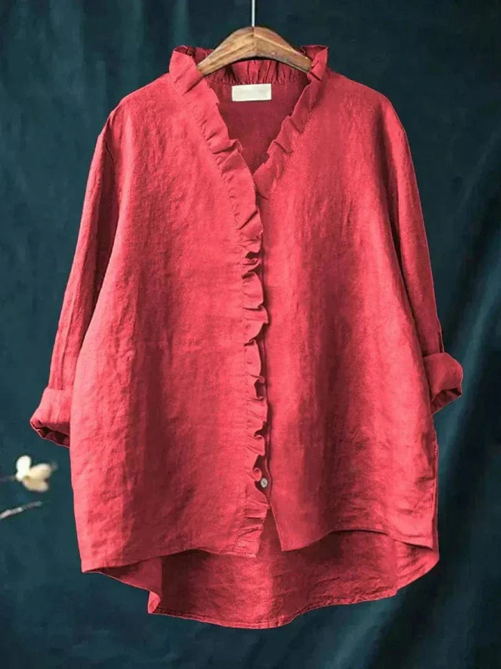 Women's ruffle neck summer blouse, relaxed fit & lightweight, perfect casual or elegant top.