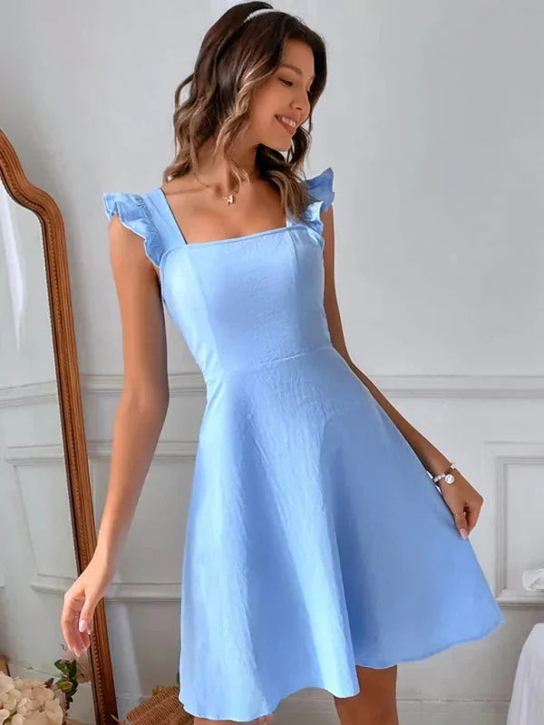 Sleeveless Ruffle Strap A-Line Mini Dress, showcasing a graceful square neck for summer fashion.