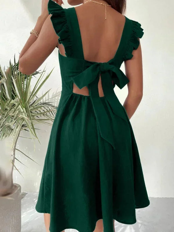 Stylish square neck ruffle strap A-line mini dress with a charming bow back for women.