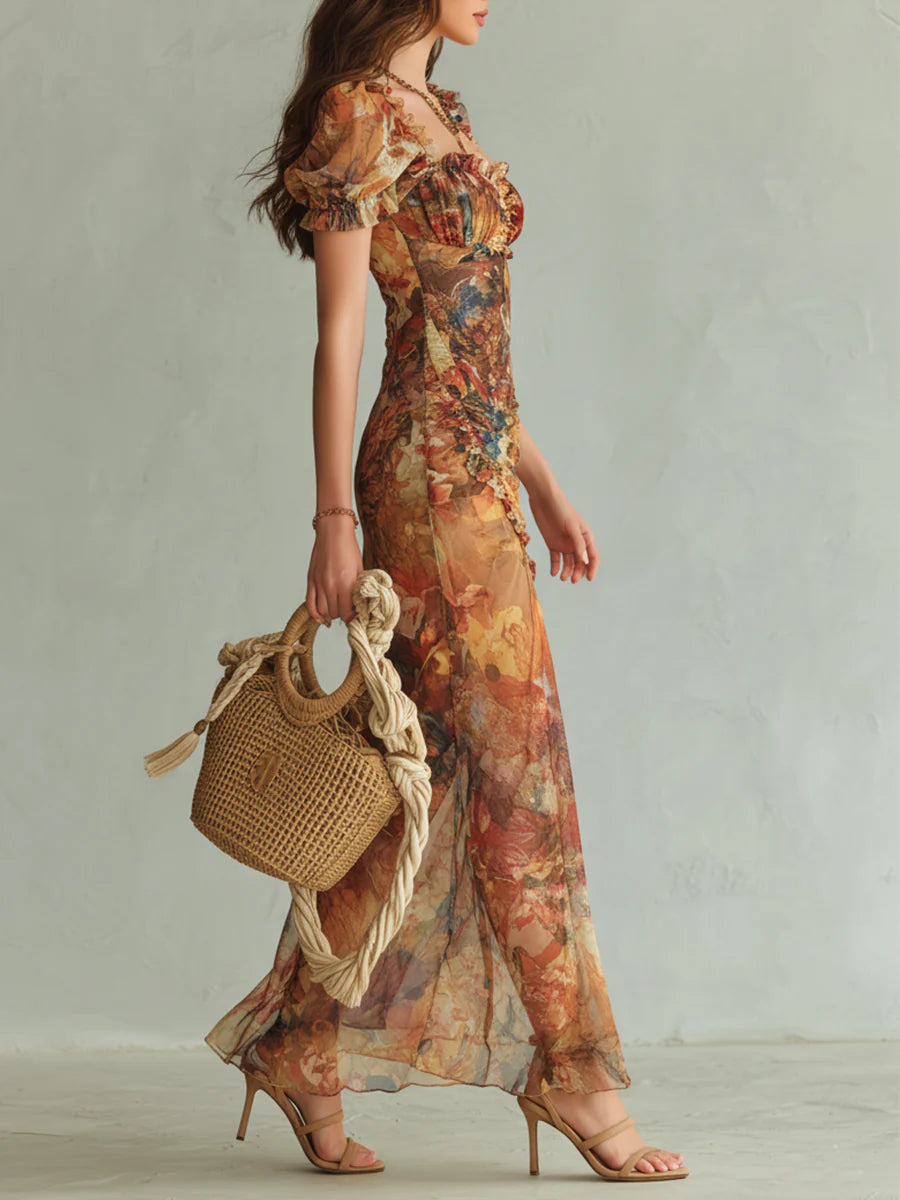 Elegant women's floral printed maxi dress featuring a sweetheart neckline and delicate ruffles. Boho summer style.