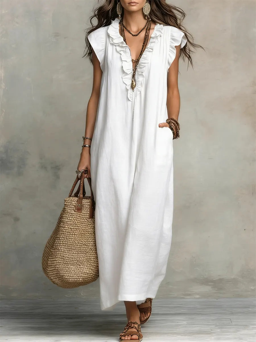 Women's casual maxi dress: V-neck, ruffles, flutter sleeves, and pockets. Flowy, comfortable, and stylish for summer.