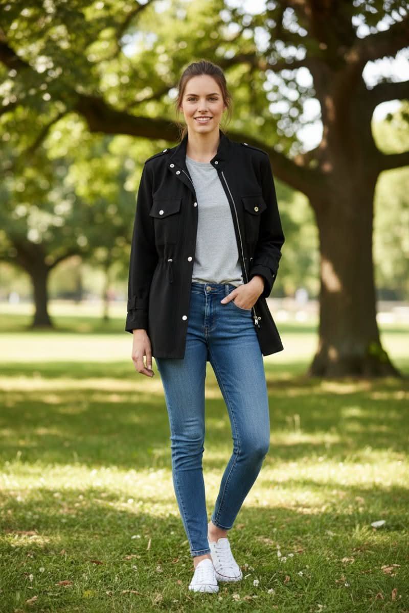 Versatile women's modern utility jacket, rugged yet chic, featuring a unique open back for casual wear.