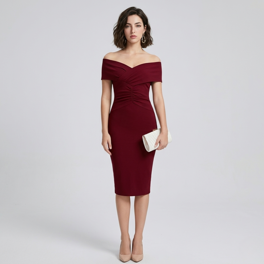 Women's sculpting off-shoulder V-neck bodycon bandage dress, perfect for elegant parties.