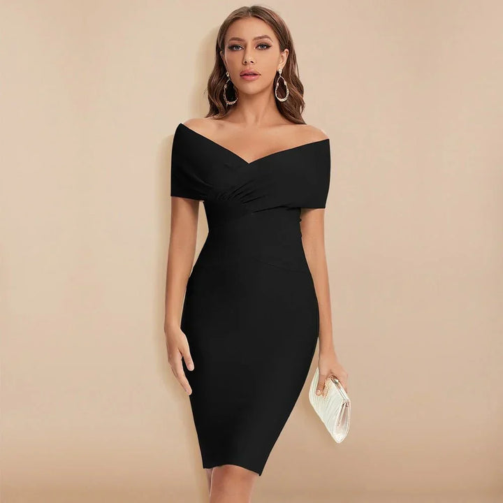 New women's sophisticated off-shoulder V-neck bandage dress, perfect for formal occasions.