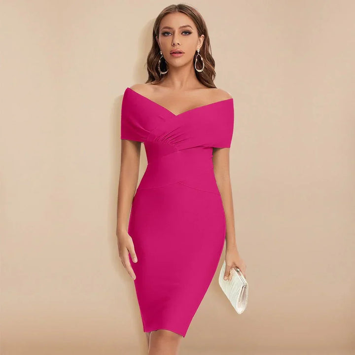 Gorgeous women's off-shoulder V-neck bodycon dress, an elegant choice for any party.