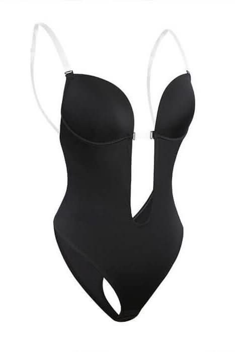 Black seamless backless body shaper, women's smoothing undergarment for confident, flawless curves.