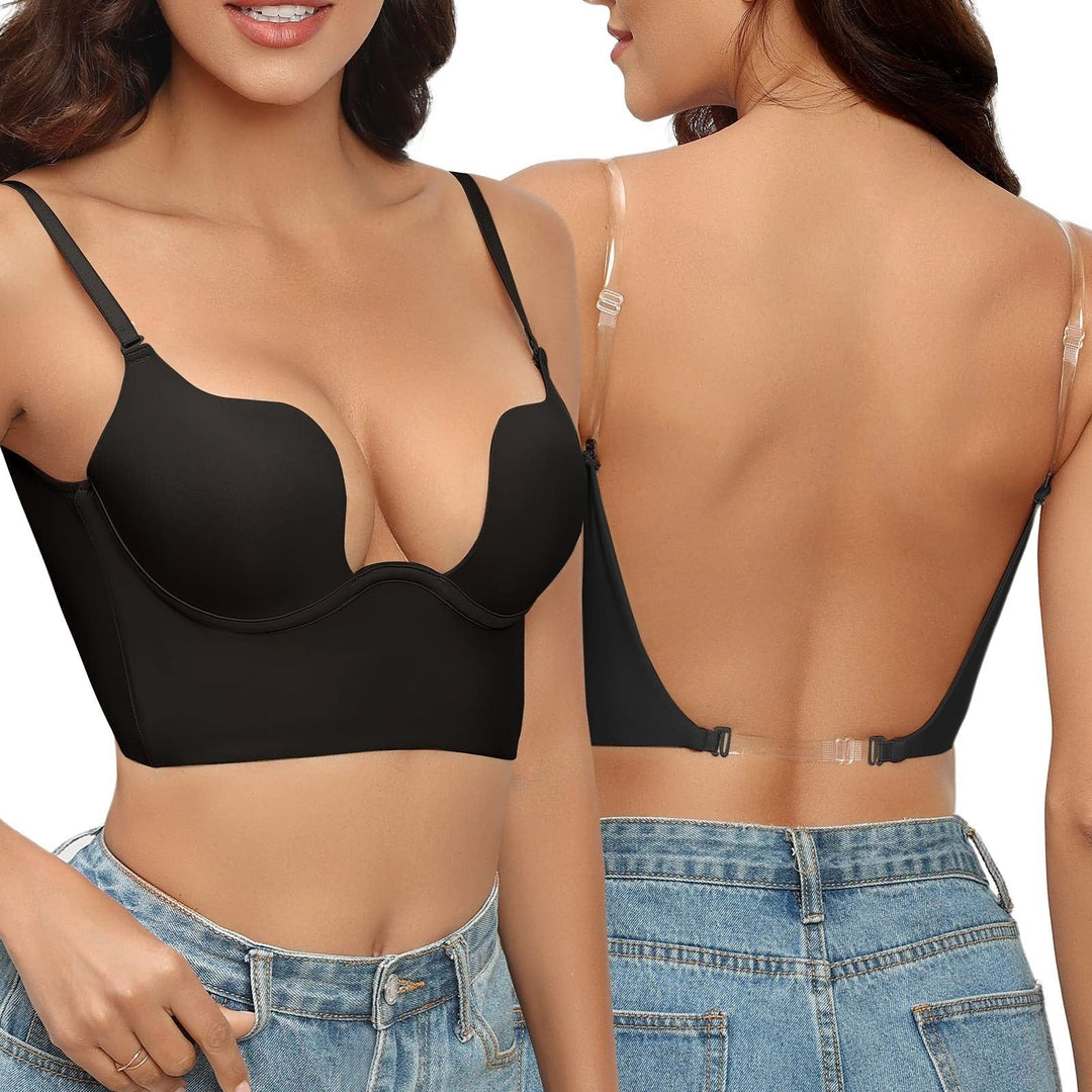 Plunge backless seamless shaper bodysuit for women, designed for invisible support & smoothing comfort.