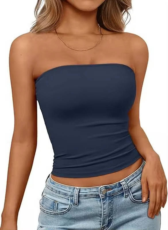 Front view of women's seamless stretch bandeau crop top in solid hue.