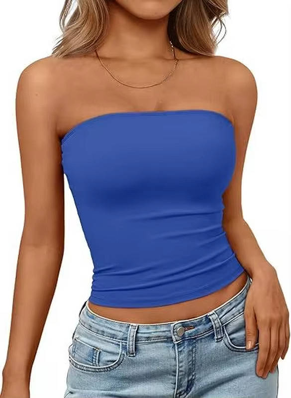 Side profile of women's seamless stretch bandeau crop top, showing fit.