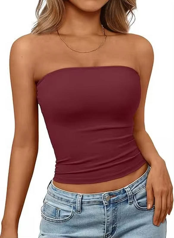 Close-up of soft seamless stretch fabric of women's bandeau crop top.