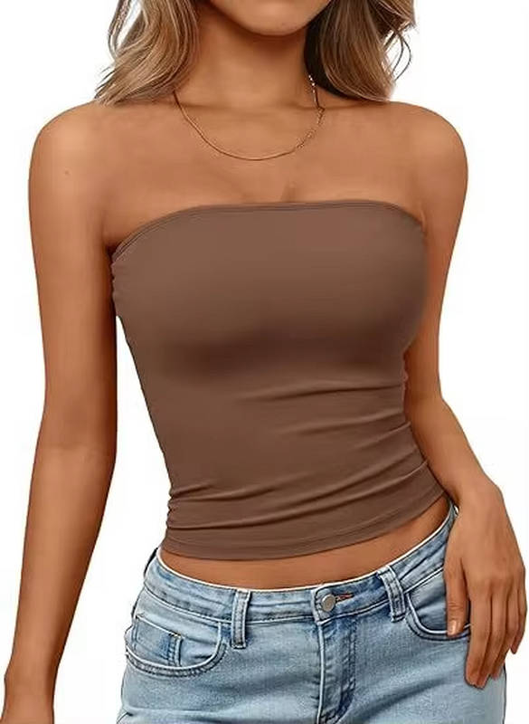Smooth hemline of women's seamless stretch bandeau crop top, clean finish.